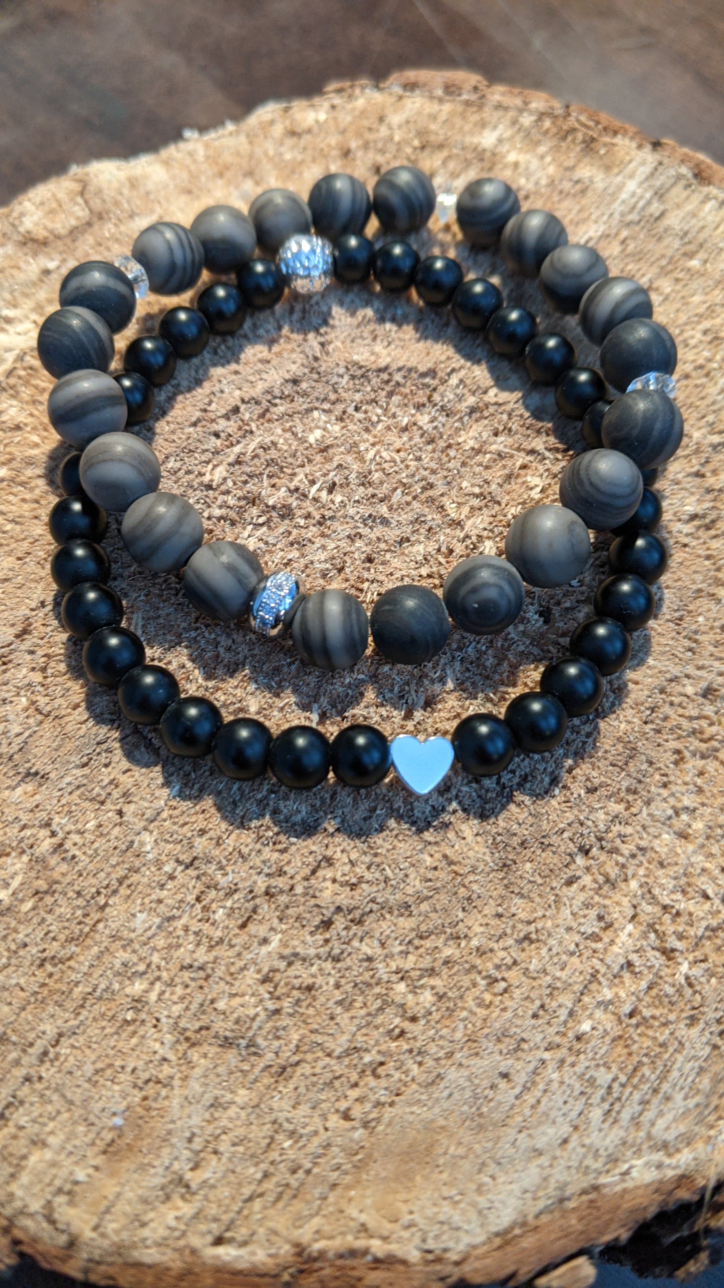 Grey Sandalwood Fossil and Onyx Bracelet Set